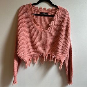 Zaful cropped sweater with distressed hems, size small, orangey pink color